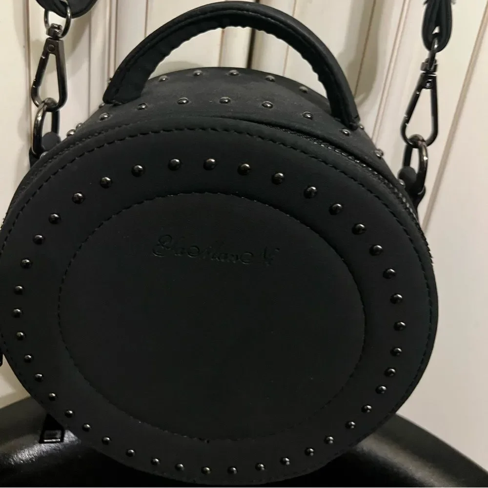 Engraved Studded round crossbody black bucket bag